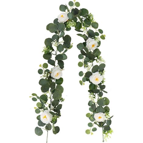 Dahlia Fleurs Artificielles, Fausse Fleur Decoration, Guirlande Fleurs Artificielles, 180cm Fausses Fleur d'Eucalyptus pour Extérieur Intérieur Mariage Mur Portes Maison Jardin, Blanc (1/5)