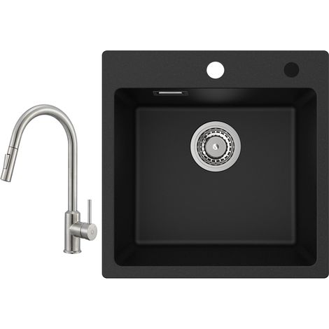 Cecipa Evier 1 Bac en Quartz et Résine 45x45cm Evier de Cuisine Evier à Encastrer 1 cuve + Mitigeur de Cuisine avec Douchette Extractible - 2 Modes de Sortie D'eau (1/5)