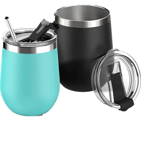 Lot de 2 verres à vin, isolation sous vide, acier inoxydable, avec couvercle, pour camping (1/5)