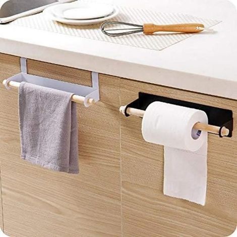 Lot de 2 porte-rouleaux de papier essuie-tout en métal et bois, fixation murale, étagère pour cuisine et salle de bain (1/5)