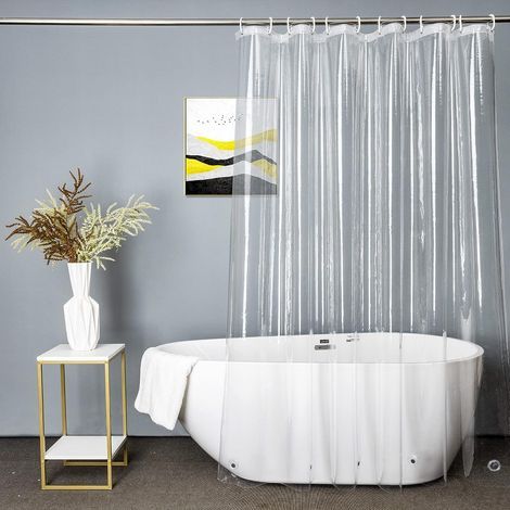 Rideau de douche transparent 180 x 200 cm Imperméable PEVA Anti moisissure 12 crochets inoxydables Installation facile (1/5)