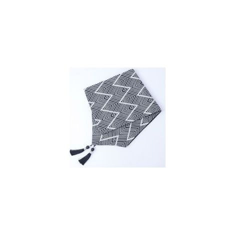 Chemin de table jacquard coton et lin, noir et blanc, 32x220 cm, motif grande vague –