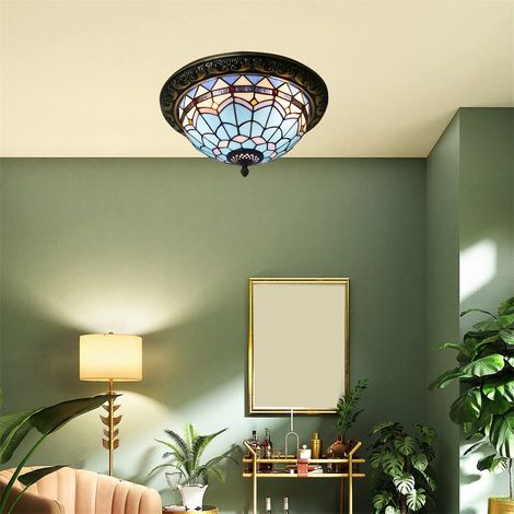 Plafonnier encastré style Tiffany AUTRUCKER, plafonnier bleu rétro, lampe de plafond ronde en vitrail (50 cm, 3 lumières) (1/5)
