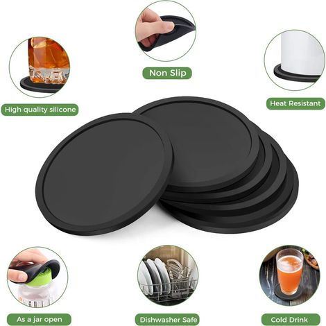 Sous-verres En Silicone - Lot De 6 - Diamètre 10 Cm - Noir - Pour Verres Tasses Bouteilles Canettes - Protection Table Bureau (1/5)