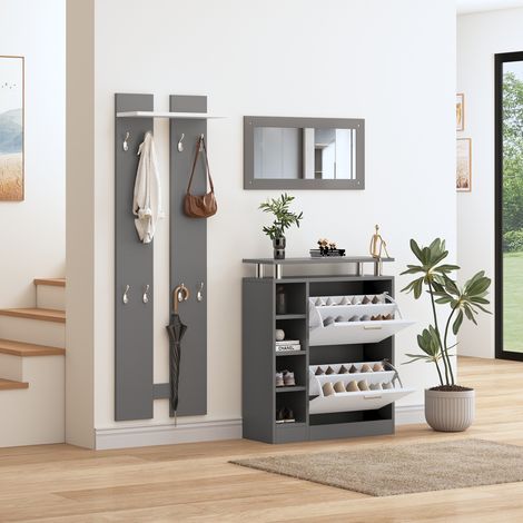 Ensemble vestiaire d’entrée en panneaux de particules gris/blanc, meuble à chaussures 80 x 25 x 96,5 cm avec 2 tablettes réglables (1/5)
