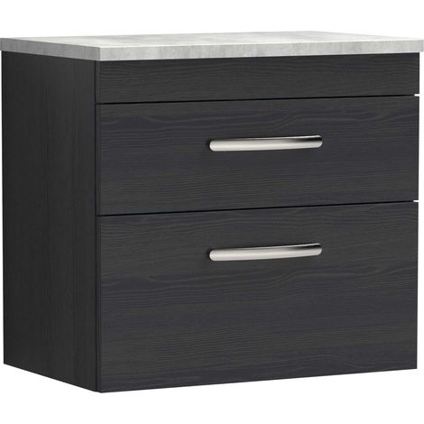 Nuie Athena Wall Hung 2-Drawer Vanity Unit with Grey Worktop 600mm Wide - Charcoal Black Woodgrain (1/5)