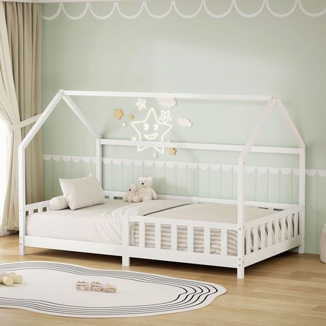ML-Design Letto a Casetta per Bambini 120x200 cm con Protezione Anticaduta, Tetto e Rete a Doghe, Bianco, Letto a Terra Montessori in Legno Massello di Pino, Letto Singolo per Cameretta (1/5)