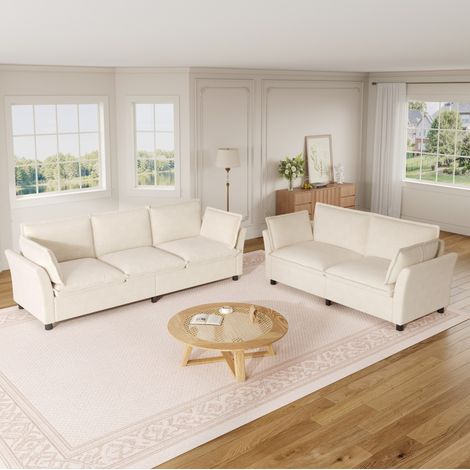 Sofá modular 3+2 plazas en chenilla beige, conjunto 220/155 cm con diseño moderno y confort mullido (1/5)
