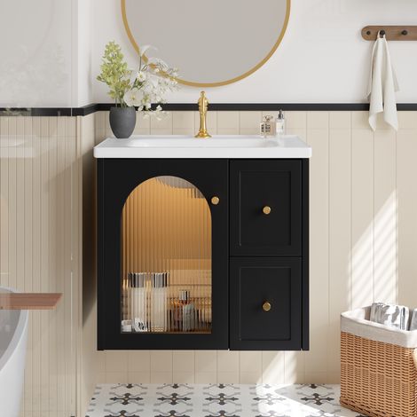 Meuble vasque mural avec lavabo en céramique, porte en verre strié, LED, noir, 60,5 cm (1/5)