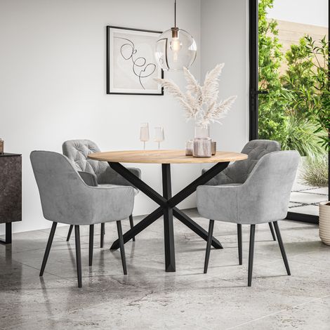 Malvern Round Dining Table And Chairs -  Oak Table Top w Solid Black Oak Legs + Anika Velvet Dining Chair Set Of 4 (Grey) (1/5)