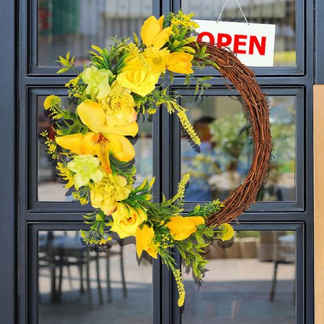 Guirlande De Roses Jaunes - Anneau En Rotin 35 Cm - Décoration Porte Jardin Intérieur Extérieur - 1 Pièce (1/5)