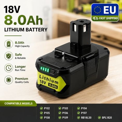 18V 8,0Ah Ersatzakku kompatibel mit Ryobi ONE+ Li-Ion Akku (1/5)