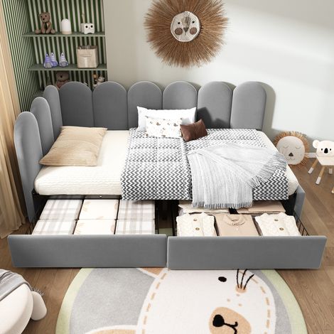 Lit à une place avec tiroirs, canapé-lit en velours gris, banquette convertible 90x190cm, sommier à lattes inclus, lit pour ado et adulte, sans matelas. (1/5)