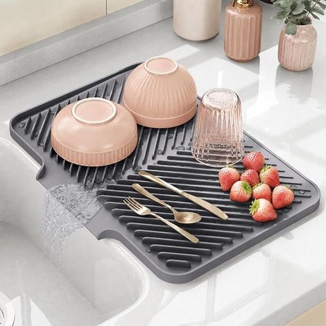 Tapis d’égouttage, 37 x 30 cm Tapis d’égouttage en Silicone avec évacuation, Tapis d’égouttage pour évier, Plan de Travail de Cuisine, tiroir, antidérapant, résistant à la Chaleur, Facile (1/4)