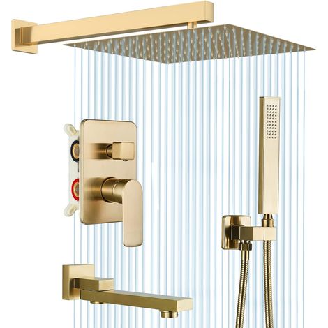 Suguword – Colonne de douche encastrée dorée brossée 30cm – Système 3 fonctions avec mitigeur et pommeau en laiton – Installation facile G1/2"