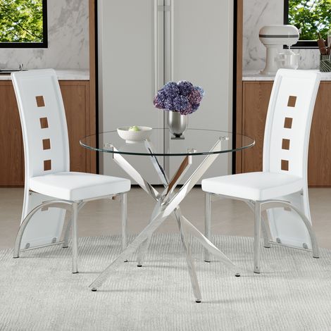 Ensemble table et chaises salle à manger : table en verre trempé 88 cm + 2 chaises blanches similicuir perforé géométrique, design moderne (1/4)