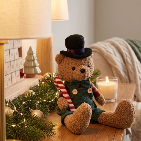 Orsacchiotto di peluche seduto marrone in poliestere per decorazioni natalizie -Caramella (1/4)