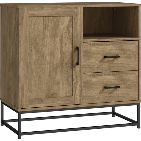 Buffet effet bois exotique 2 tiroirs niche porte étagère métal noir (1/5)