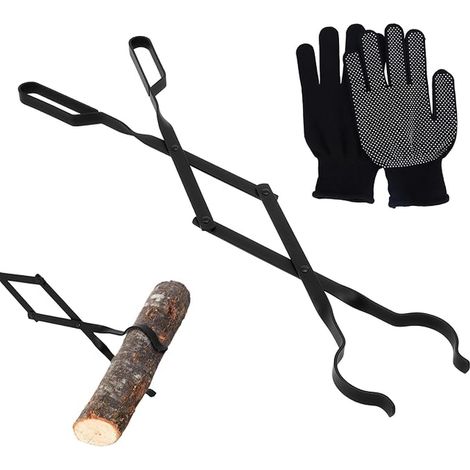Pince à bois de cheminée de 66 cm - Pliable - Longue pince à bois de chauffage - Pour feu de camp et poêles de cheminée - Avec paire de gants (1/4)
