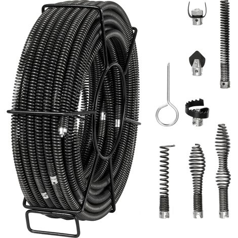 Mophorn – Câble de nettoyage de canalisations 30 m x 16 mm – Acier 65 Mn résistant à la corrosion – 7 coupeurs pour tuyaux 20-100 mm – Pour éviers et toilettes