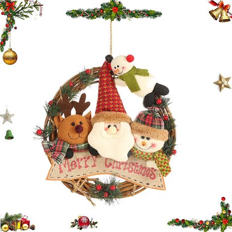 Corona Navideña Colgante - Corona de Ratán con Figuras de Reno Muñeco de Nieve y Papa Noel - 29 cm - 1 Unidad (1/5)