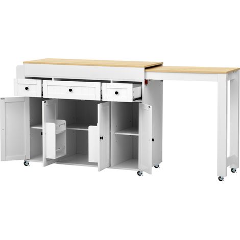 Îlot de cuisine à roulettes extensible avec range-épices et tiroirs, blanc et bois (1/5)