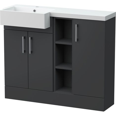 Wichnor Floor Standing Compact 3 Door Combination Vanity Basin Unit with Open Shelves and Basin, 1000mm, Left Hand, Dark Grey