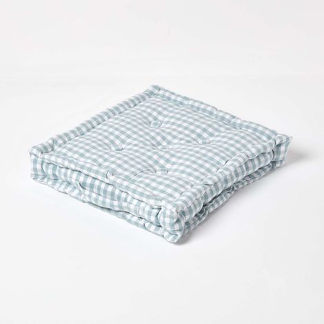 HOMESCAPES Cotton Gingham Check Blue Floor Cushion, 50 x 50 cm