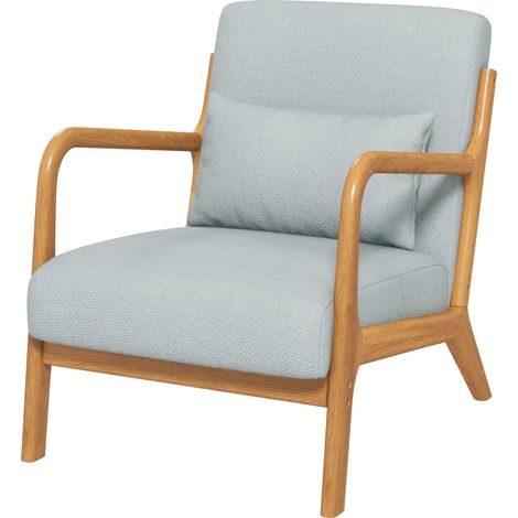 Fauteuil lounge bois massif assise profonde accoudoirs lin synthétique gris clair