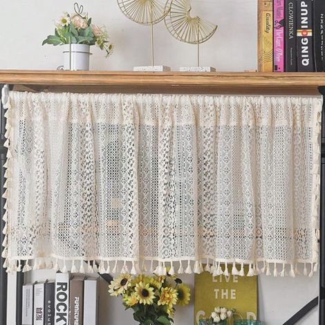 Valance de rideau de 18 pouces pour café de cuisine, courte, dentelle crochet bohème transparente, tricotée avec des pompes de macramé faites main pour salle à manger, décoration maison vintage chic (1/4)