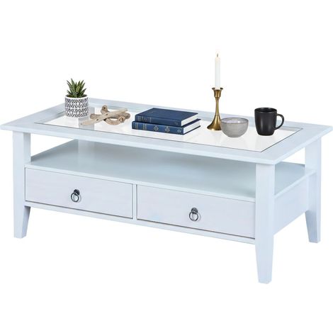 Couchtisch Minturno, 2 Schubladen, Zeitschriftenhalter, ein Fach, 115x60x45h cm Weiß