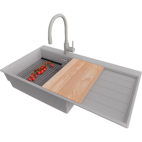 PRIMAGRAN Evier Cuisine en Granit 90x50cm,Lavabo 1 bac + Robinet 38x14cm + Kit de Vidage + Accessoires, Évier à Encastrer au meuble 60cm - Sydney, Gris (1/5)