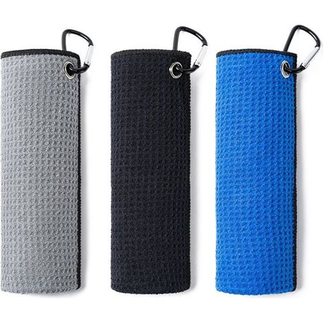 3 serviettes de golf, microfibre gaufrée 40,6 x 40,6 cm, avec mousqueton, lot noir/bleu/gris, pour sac de golf ou ceinture (1/5)