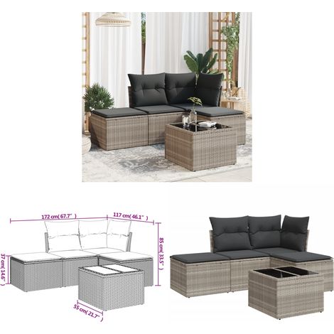 5-tlg. Garten-Sofagarnitur mit Kissen Hellgrau Poly Rattan - Gartenmöbel Set - PE-Rattan Möbel - Outdoor Sofa - Esstisch - Gartenhocker - Home & Living (1/3)