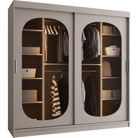 Armoire Hartford 521, Cachemire, 200x200x62cm, Portes d'armoire: Coulissantes, Nombre d'étagères: 5, LED: Disponible