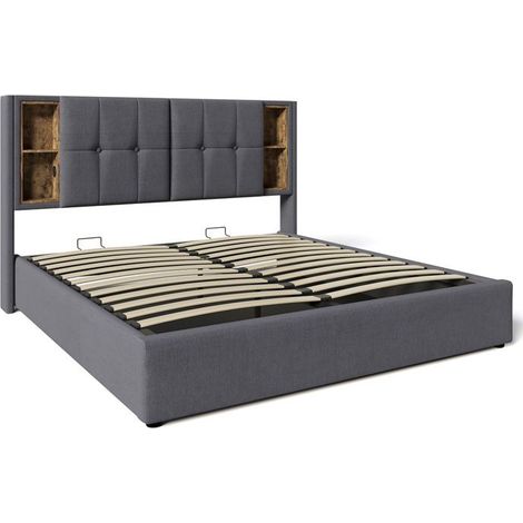 Lit double rembourré 160x200 cm gris avec chargeur sans fil USB-C, rangement et sommier en bois (1/5)