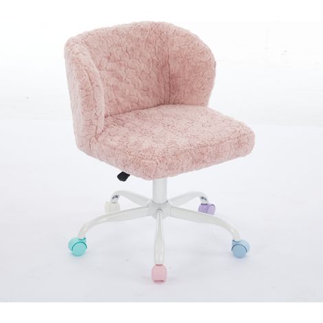 Chaise de bureau rose en fausse fourrure de lapin avec roulettes colorées silencieuses, réglable et pivotante (1/5)