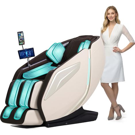 Fauteuil de massage du corps entier avec Bodyscan, mains robotiques 4D, coussin de massage intelligent Shiatsu avec fonction vocale, chauffage du dos (Marron+Beige) (1/5)