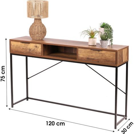 Consola de entrada de estilo étnico con 2 cajones - Color madera nogal, dimensiones 120x30x75 cm