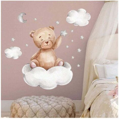 QORVA-Autocollants muraux ours dessin animé, décoration de chambre d'enfant pour garçons, papier peint lune et étoiles pour chambre d'enfant, décoration de chambre mignonne, 1 pièce