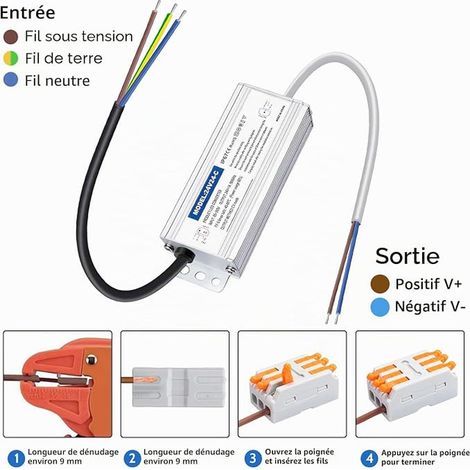 Transformateur LED 24V, LED Driver 24W, Alimentation 1A étanche IP67, Transfo 220V à 24V DC Pour l'éclairage Intérieur et Extérieur