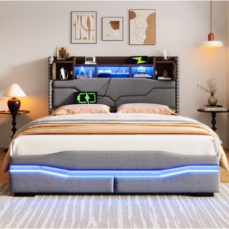Cama con almacenamiento 140x200 cm gris de lino y MDF con LED, USB-C y elevación hidráulica (1/5)
