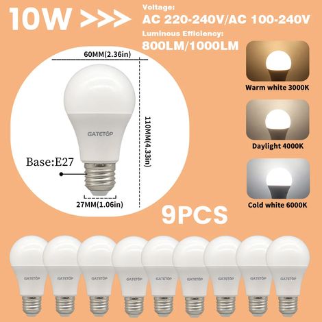 Lampes de croissance pour plantes (Lot de 9 ampoules LED E27 10 W, lumière du jour 4000 K, AC 220-240 V) Équivalent à une ampoule à incandescence de 100 W, ultra-lumineuse pour le salon (1/5)