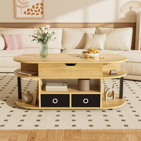 Table basse relevable 105 x 50 x 45 cm, hauteur réglable, rangement et 2 tiroirs en tissu noir, panneaux de particules, salon ou bureau, noir et effet bois (1/5)