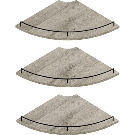 Étagère d'angle Murale 30 cm, étagère Flottante 3 Niveaux, Design éventail, Bois Rustique avec clôture, Finition Grain Bois Gris, Rangement Appartement, Chambre à Coucher, Cuisine (1/5)