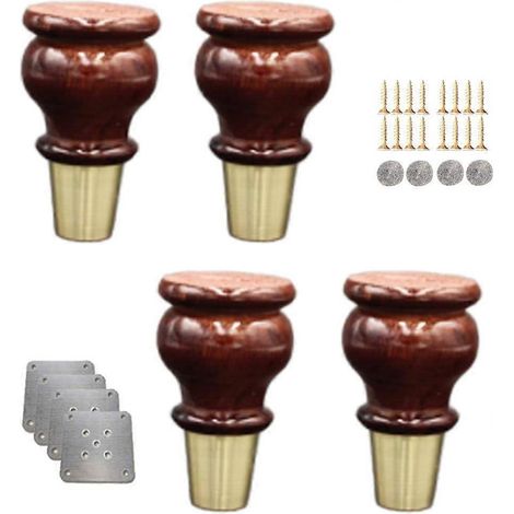 Quatre pieds de canapé en forme de gourde, pieds de meubles en bois massif, embouts en laiton, adaptés aux meubles TV, bureaux, meubles de cuisine, etc. Remplaçables (couleur noyer, 15 cm/5,9 pouces)  (1/5)