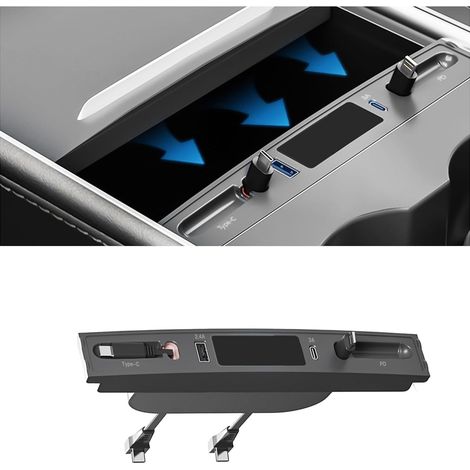 Tesla USB-Hub-Ladegerät, Apple + Typ-C, passend für Tesla Model 3/Y, Tesla Mittelkonsolenadapter, Mehrfach-Schnellladestation, Tesla Zubehör, automatisch einziehbares Ladekabel