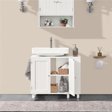 Homevive Armario bajo Lavabo con Dos Puertas Estantes Ajustables Mueble de Baño con Almacenamiento Lateral Abierto Ganchos Blanco (1/5)