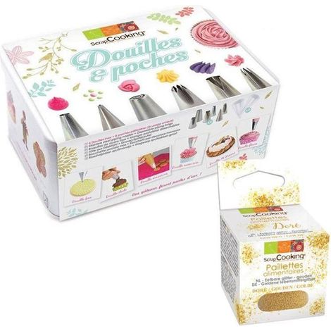 Coffret à pâtisserie 6 douilles inox et poches jetables + paillettes dorées
