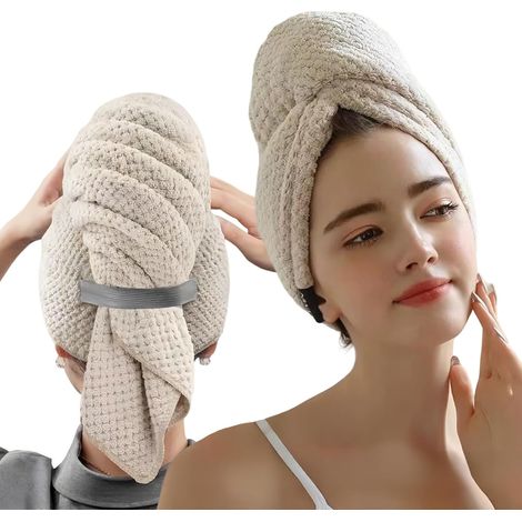 Grande Serviette deen Microfibre, ServietteSechage Rapidement Super Absorbant, Hair Towel Drying Femme Avec sangle élastique, Anti Frisottis Douce Large Hair Turban (1/5)